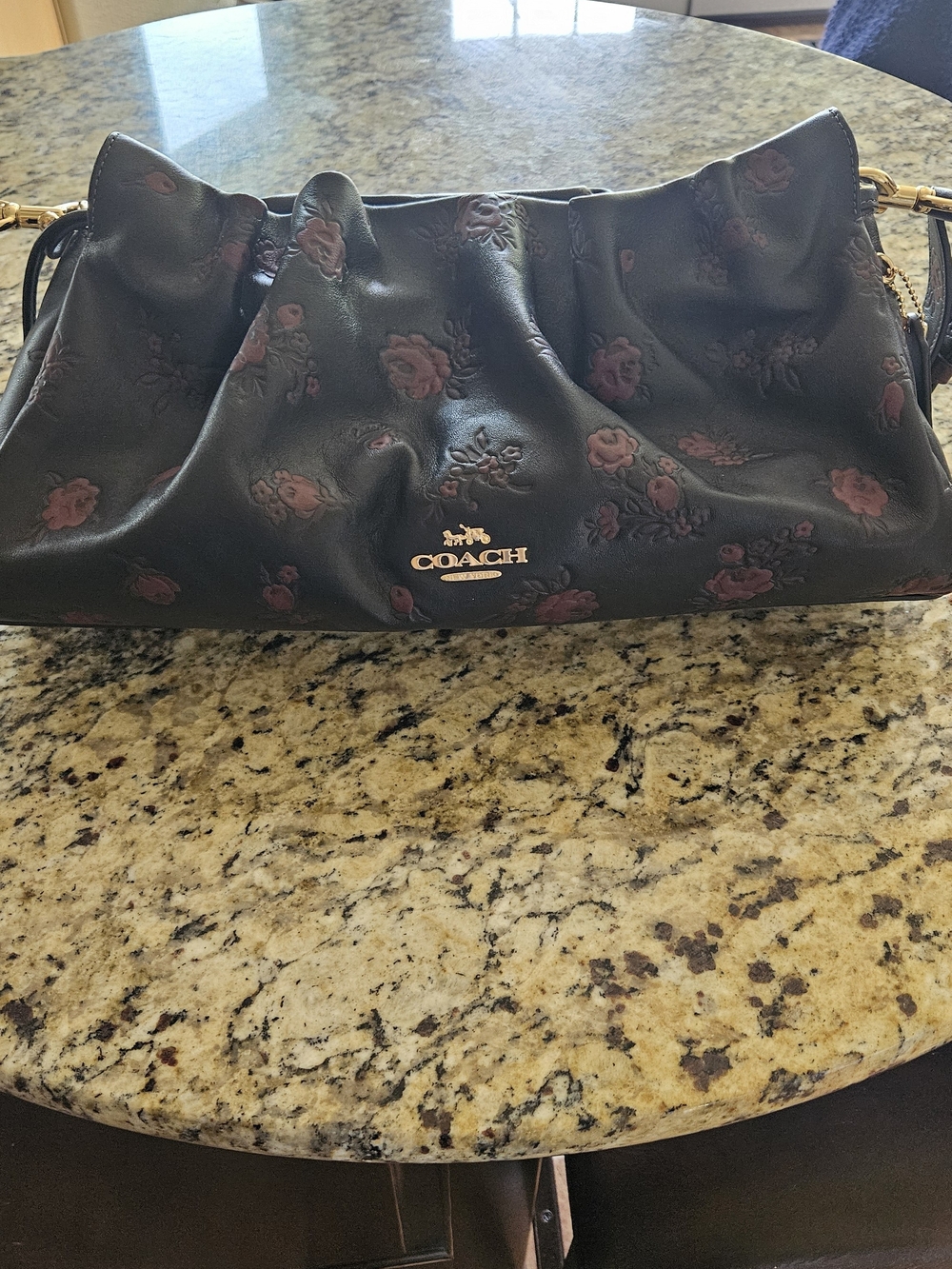 Coach Black Leather Shoulder Bag (Large) with Floral Embossing and Gold Chain - Picture 2 of 10